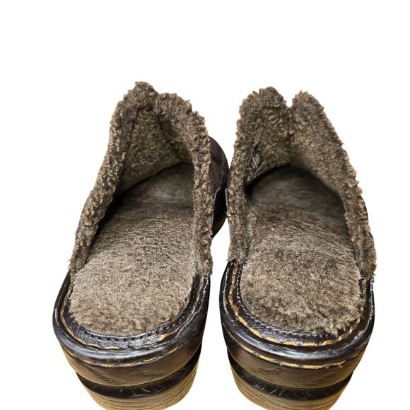 Born BOC Sz 7 Brown Suede  and Leather Faux Fur Slip on Clog Comfort Mule - Picture 3 of 7